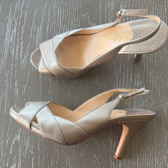 Cole Haan NIKE AIR Elegant Leather Light Pewter Open-Toe Slingback Heels Size 10 - Picture 1 of 12